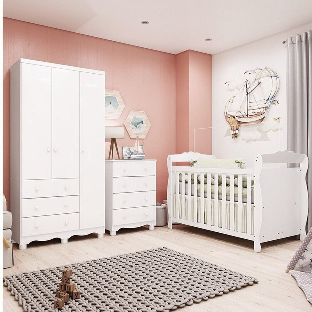 Quarto De Bebê Completo Com Guarda-roupa 3 Portas E Cômoda E Berço Nina 100% Mdf Espresso Móveis Branco Brilho