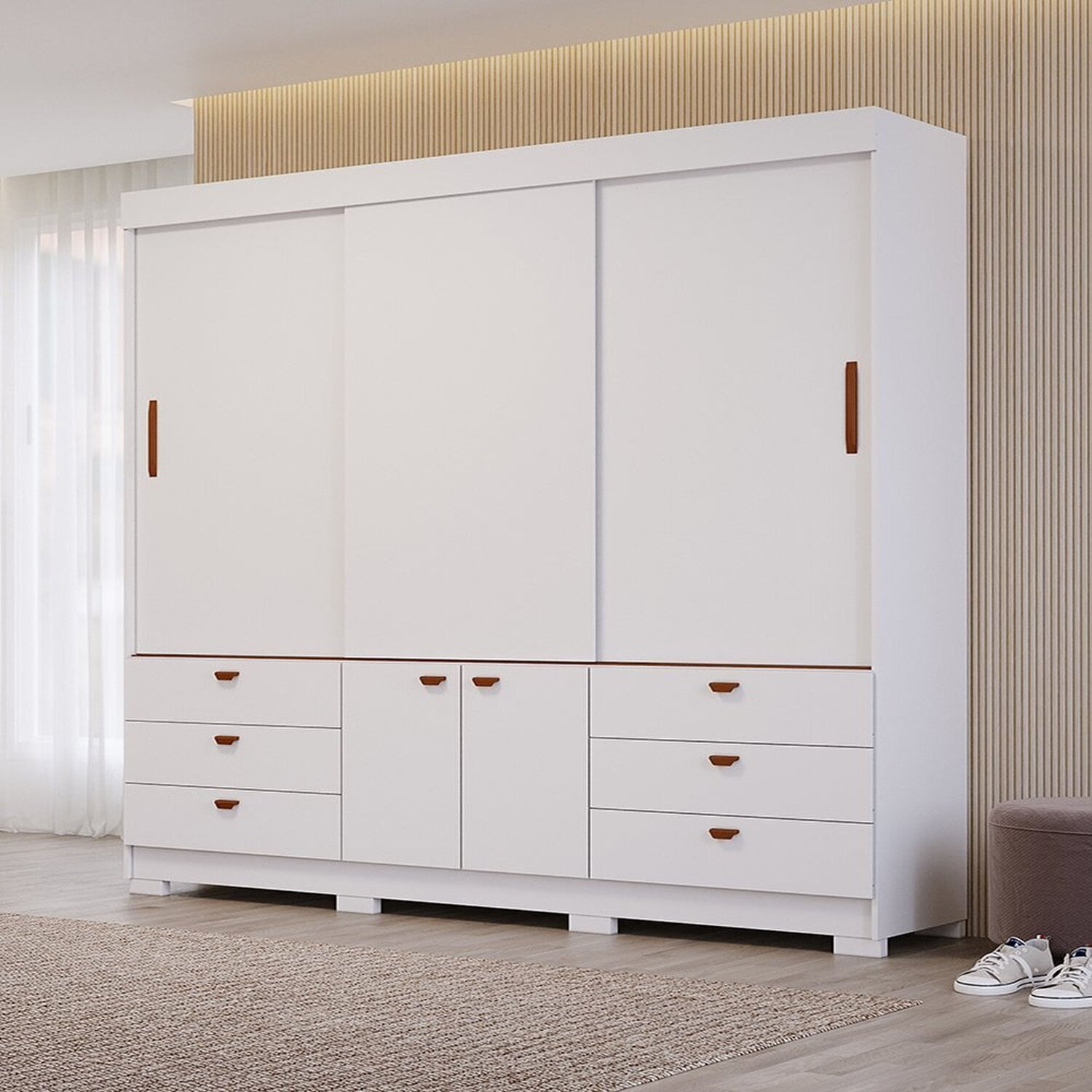 Guarda-roupa 100% Mdf 3 Portas De Correr 3 Gavetas E 8 Pés Charlotte Espresso Móveis Branco