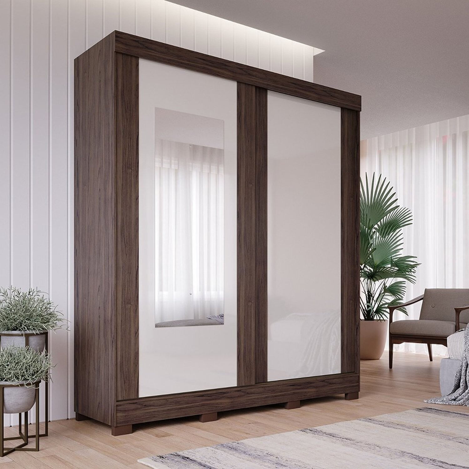 Guarda-roupa 100% Mdf 2 Portas De Correr Flex Color Espelho 3 Gavetas E 8 Pés Bonito Espresso Móveis Cacau/off White