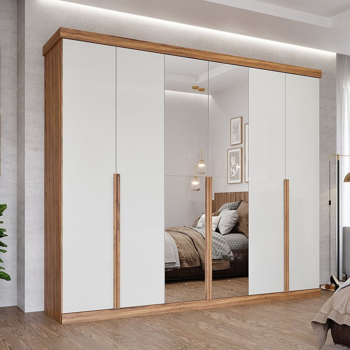 Guarda-roupa Casal 267,60cm 6 Portas Com Espelho 100% Mdf Linhares Espresso Móveis Cinamomo/off White