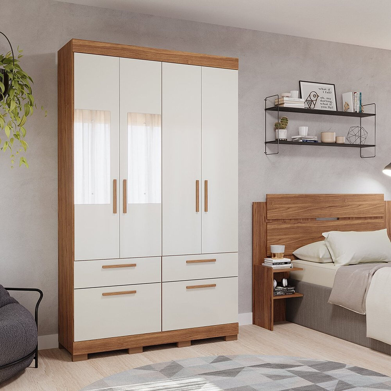 Guarda-roupa Casal Com Espelho 4 Portas De Bater 1 Basculante 3 Gavetas Mdf Coimbra Espresso Móveis Cinamomo/off White