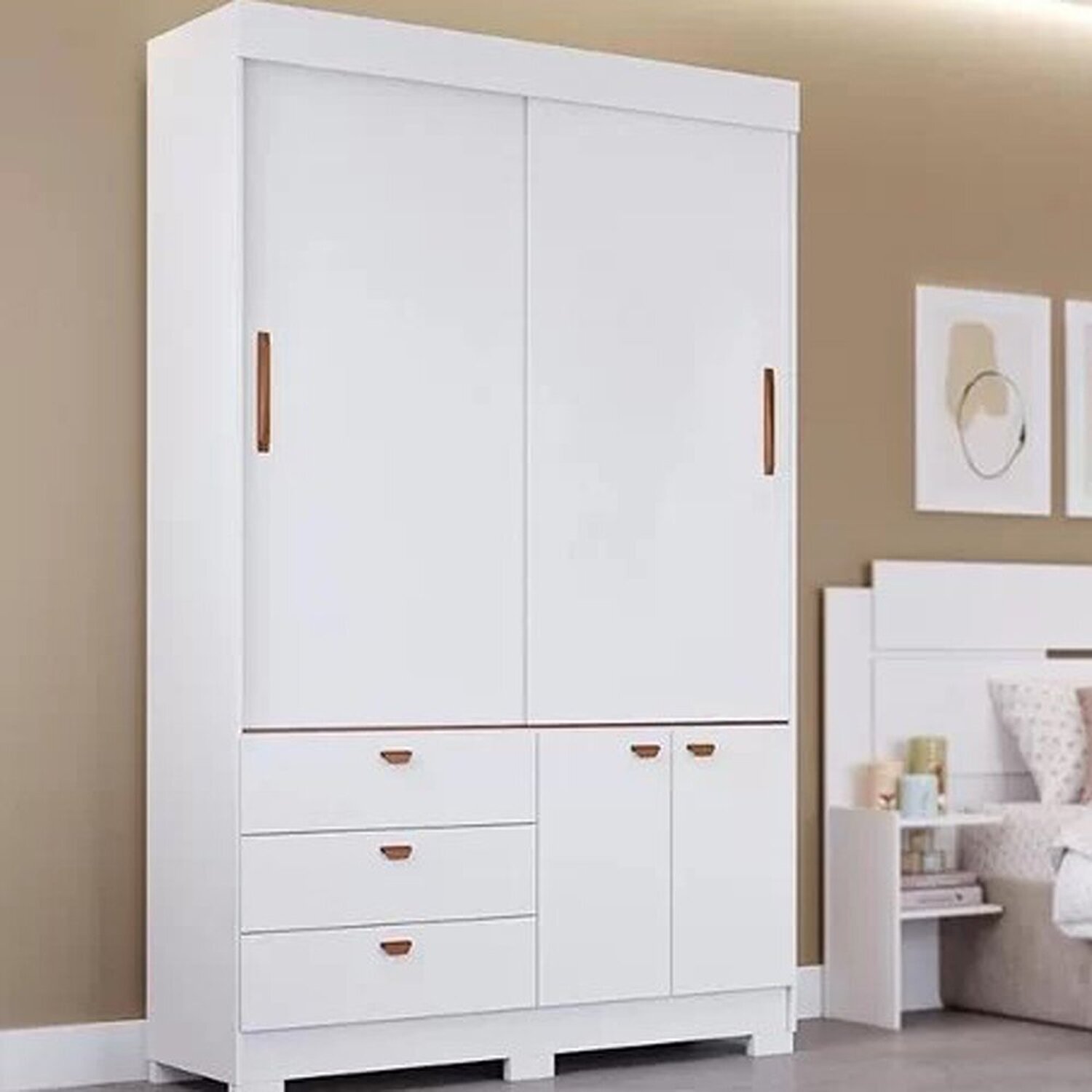 Guarda-roupa 100% Mdf 2 Portas De Correr 3 Gavetas E 6 Pés Charlotte Espresso Móveis Branco