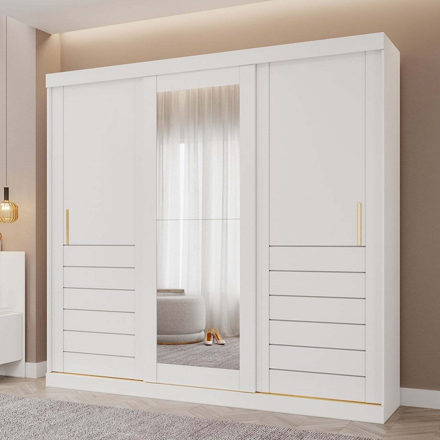 Guarda-roupa Casal 3 Portas De Correr 6 Gavetas Com Espelhos 100% Mdf Boston Espresso Móveis Branco Brilho