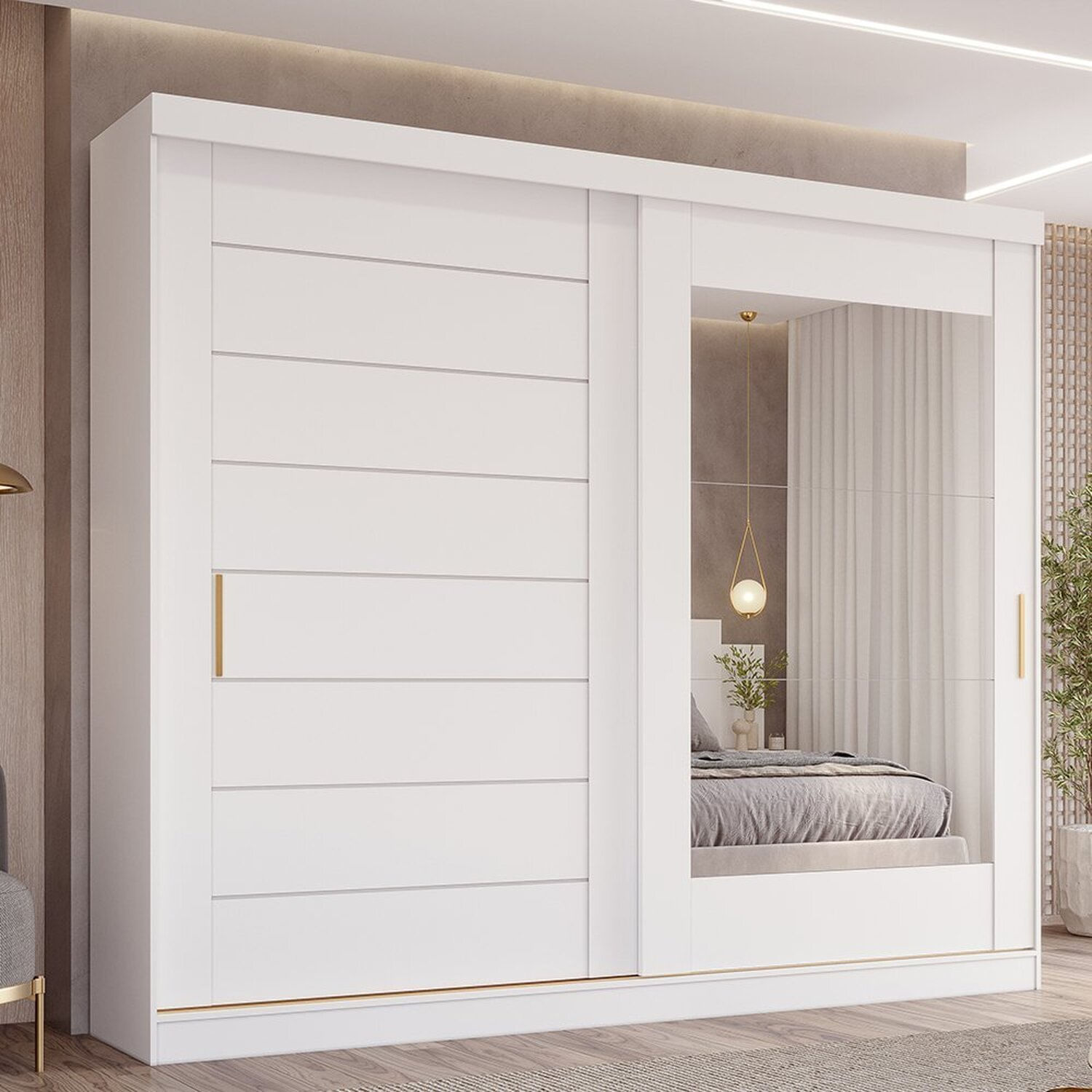 Guarda-roupa Casal 2 Portas De Correr 8 Gavetas Com Espelho 100% Mdf Siena Espresso Móveis Branco Brilho