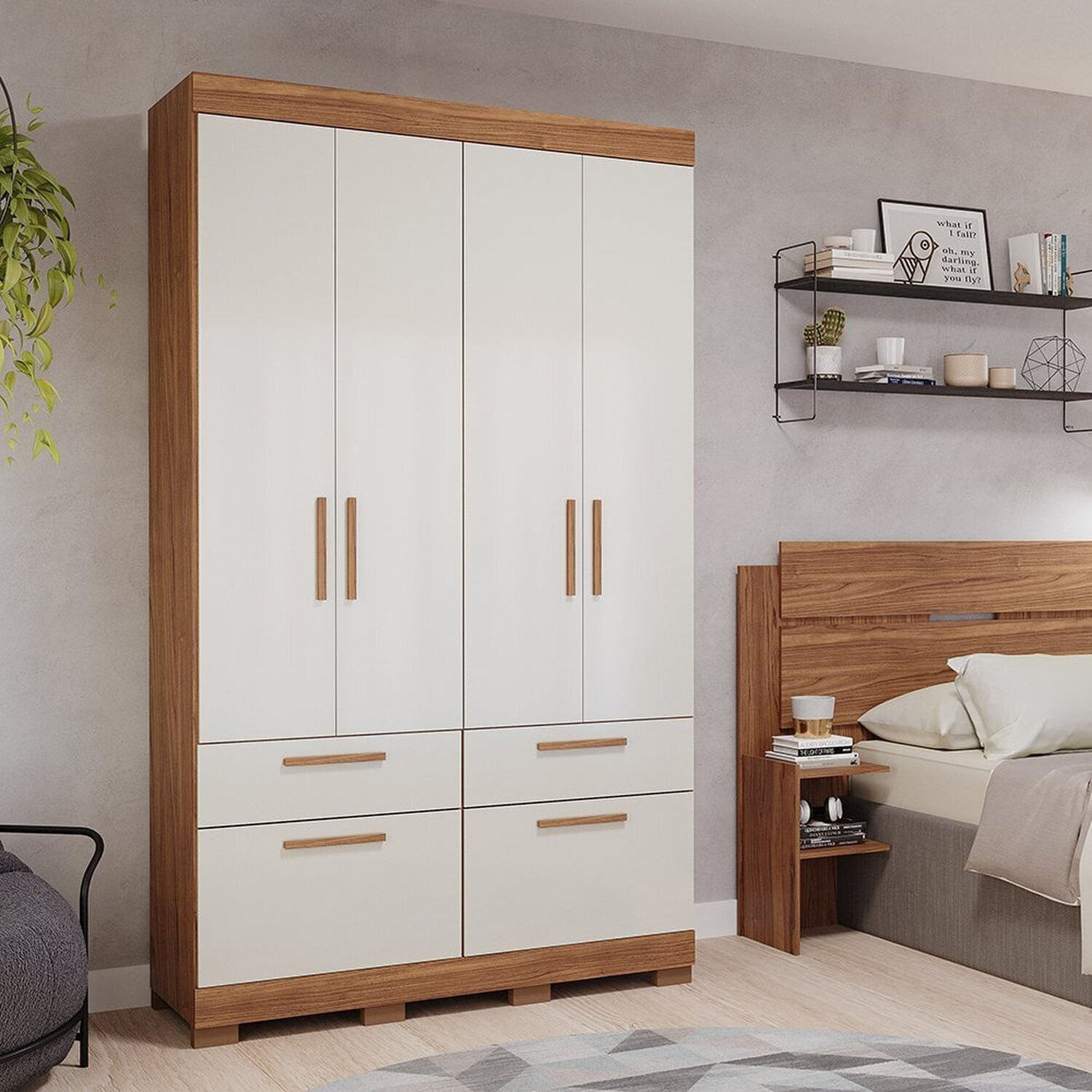 Guarda-roupa Casal 4 Portas De Bater 1 Basculante 3 Gavetas Mdf Coimbra Espresso Móveis Cinamomo/off White