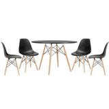 Conjunto De Mesa De Jantar Eames Eiffel Redonda 100cm Tampo De Madeira Preto Com 4 Cadeiras Pretas