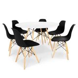 Conjunto De Mesa De Jantar Eames Eiffel Redonda 110cm Tampo De Madeira Branco Com 6 Cadeiras Pretas