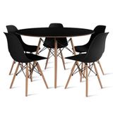 Conjunto De Mesa De Jantar Eames Eiffel Redonda 120cm Tampo De Madeira Preto Com 5 Cadeiras Pretas