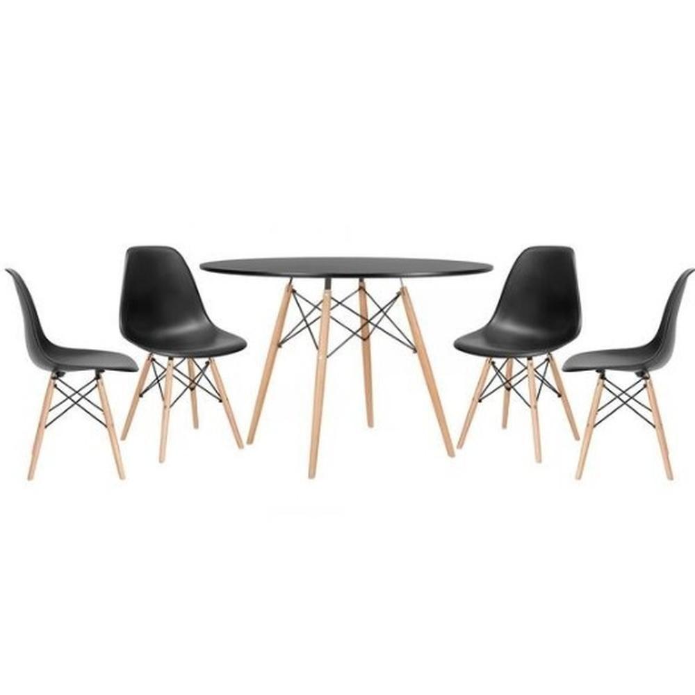 Conjunto De Mesa De Jantar Eames Eiffel Redonda 110cm Tampo De Madeira Preto Com 4 Cadeiras Pretas