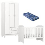 Berço Americano Mini Cama E Guarda Roupa Mel Flat Branco Brilho Com Colchão Ortobom - Carolina