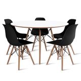 Conjunto De Mesa De Jantar Eames Eiffel Redonda 120cm Tampo De Madeira Branco Com 5 Cadeiras Pretas