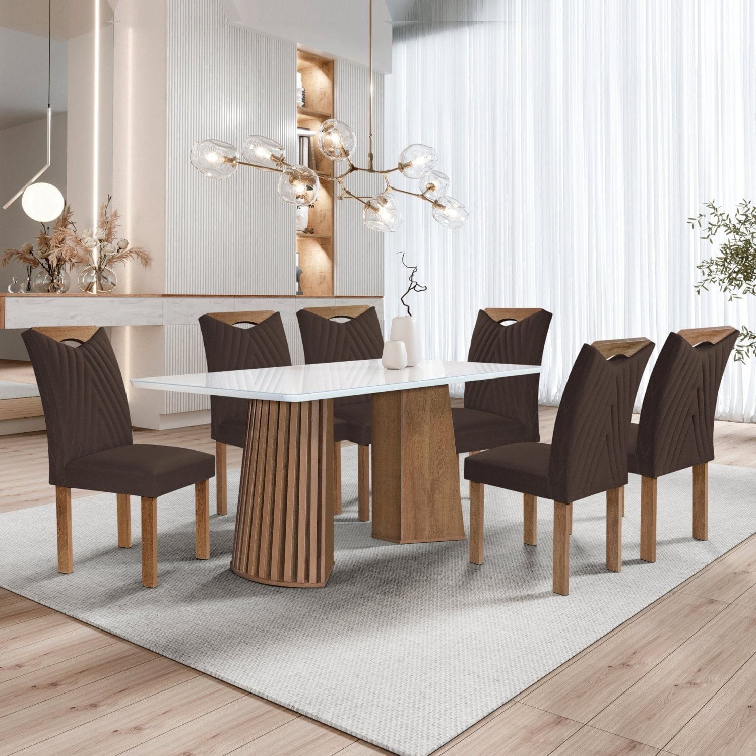 Conjunto Mesa Stella Ripada 170cm Com 6 Cadeiras Stella Tampo Smart Plus Com Vidro Chocolate/off White/veludo Marrom