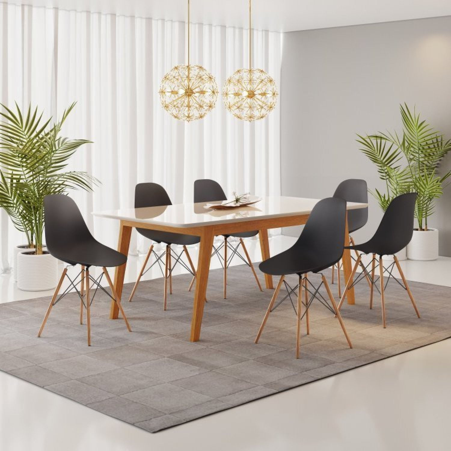 Conjunto Mesa De Jantar Madeira Maciça Retangular Com 6 Cadeiras Eames Cinamomo/branco/preto