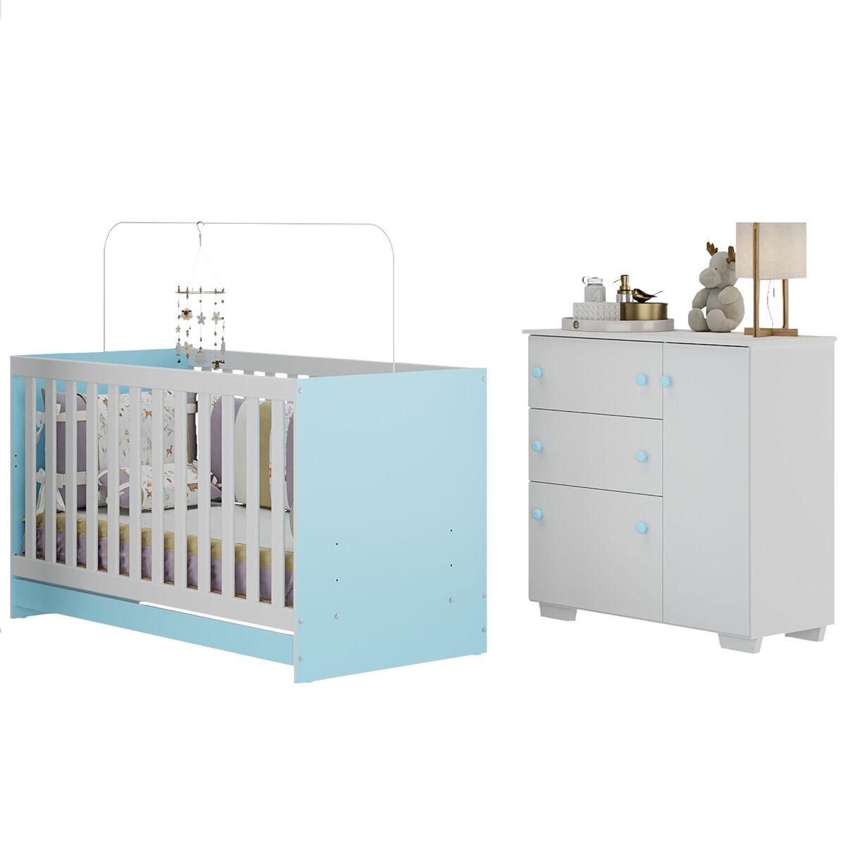 Quarto Infantil Com Berço 3 Em 1 E Cômoda Algodão Doce Multimóveis Mp4249 Branco/azul