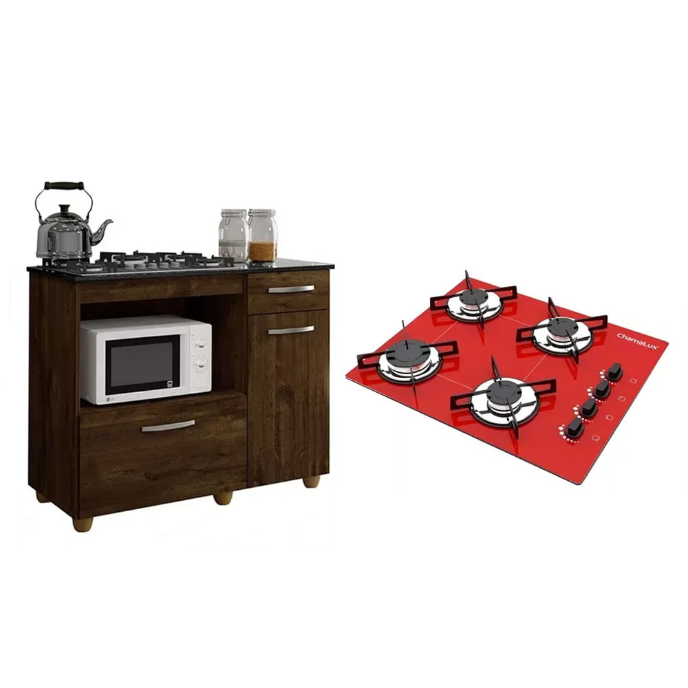 Kit Balcão Para Cooktop Cozinha Kaiki Violeta Rovere Com Fogão Cooktop 4 Bocas Ultra Chama Vermelho Chamalux