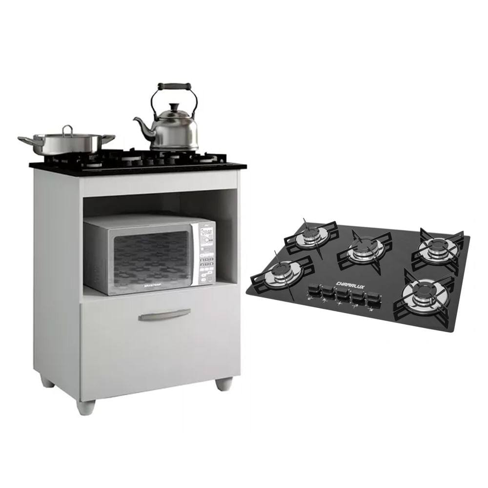 Kit Balcão Cooktop Cozinha Salvia Branco E Fogão Cooktop 5 Bocas Ultra Chama Trempe Chapa Preto Chamalux