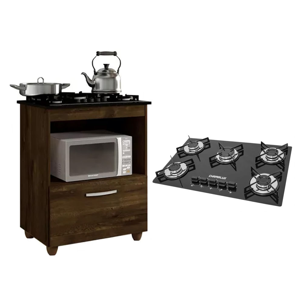 Kit Balcão Cooktop Cozinha Salvia Ipê E Cooktop 5 Bocas Ultra Chama Trempe Chapa Preto