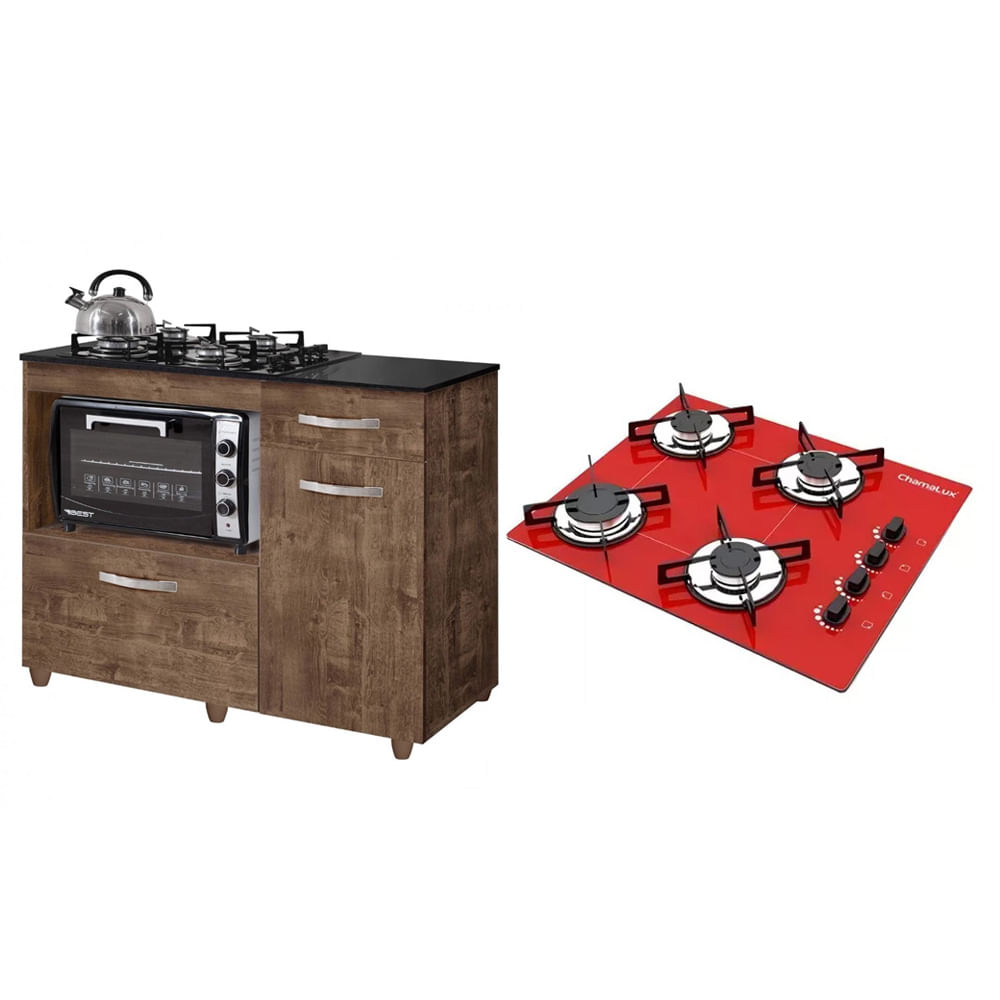 Kit Balcão Para Cooktop Cozinha Kaiki Violeta Ipê Com Fogão Cooktop 4 Bocas Ultra Chama Vermelho Chamalux