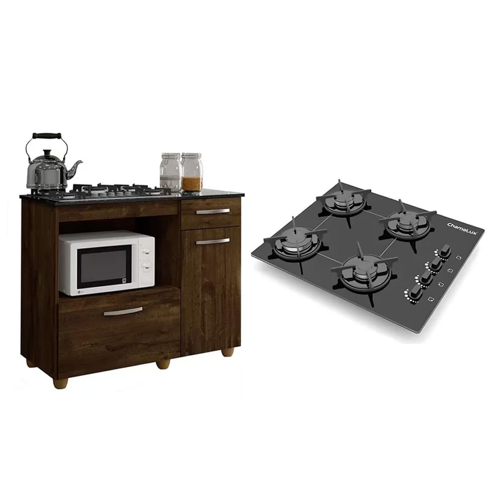 Kit Balcão Para Cooktop Cozinha Kaiki Violeta Rovere Com Fogão Cooktop Chef 4 Bocas Ultra Chama Chamalux