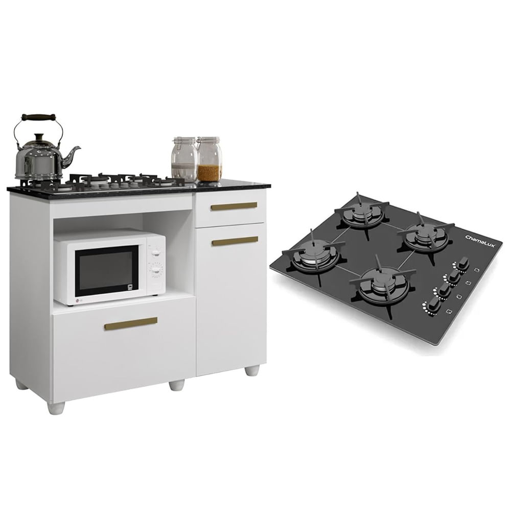 Kit Balcão Para Cooktop Cozinha Kaiki Violeta Branco Com Fogão Cooktop Chef 4 Bocas Ultrachama Preto Bivolt Chamalux