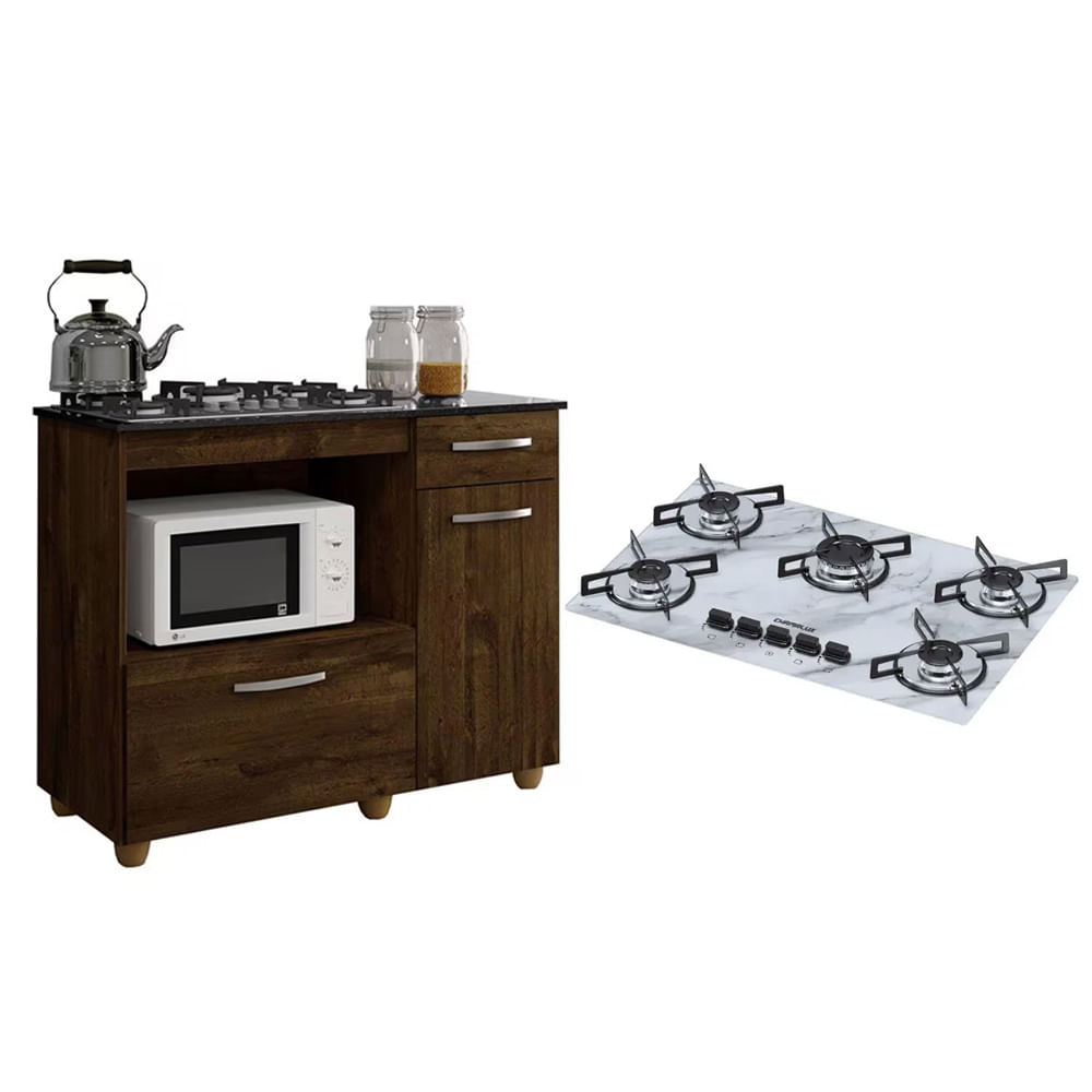 Kit Balcão Para Cooktop Cozinha Kaiki Violeta Ipê Com Fogão Cooktop 5 Bocas Ultra Chama Branco Efeito Mármore Chamalux