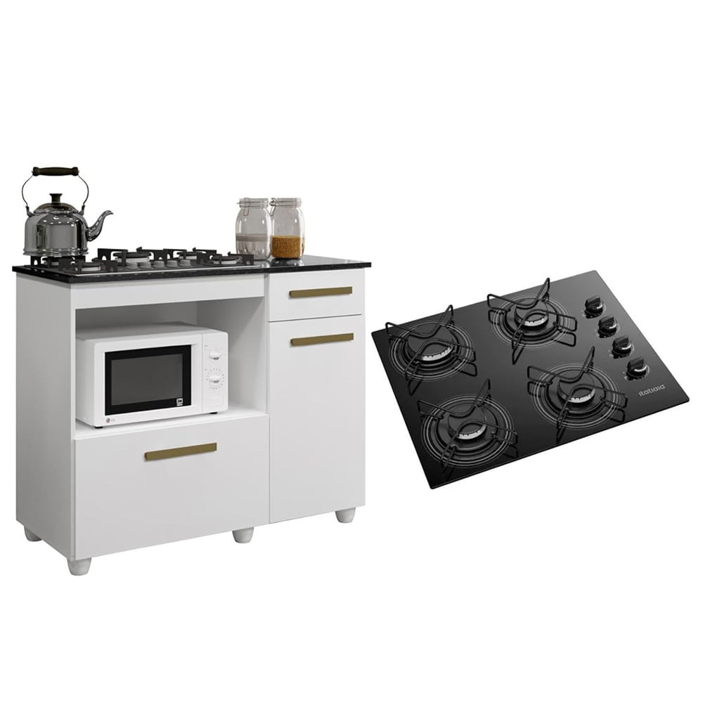 Kit Balcão Para Cooktop Cozinha Kaiki Violeta Branco Com Fogão Cooktop 4 Bocas Itatiaia Essencial