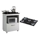 Kit Balcão Para Cooktop Cozinha Kaiki Salvia Branco Com Fogão Cooktop 5 Bocas Ultra Chama Preto Mármore Chamalux