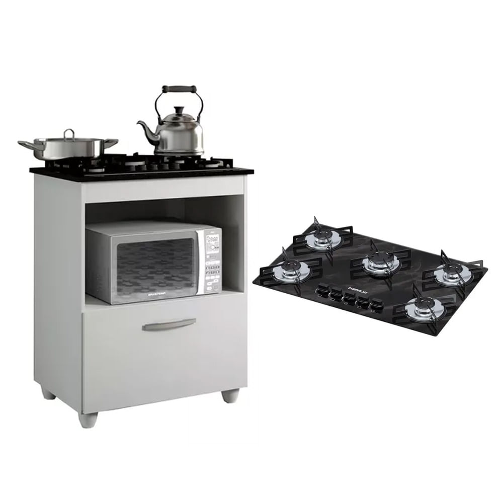 Kit Balcão Para Cooktop Cozinha Kaiki Salvia Branco Com Fogão Cooktop 5 Bocas Ultra Chama Preto Mármore Chamalux