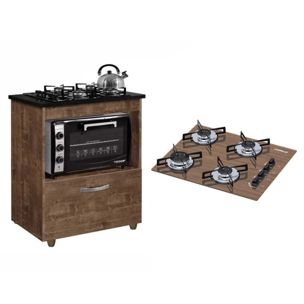 Kit Balcão Para Cooktop Cozinha Kaiki Salvia Ipê Com Fogão Cooktop 4 Bocas Amadeirado Chamalux Ultra Chama