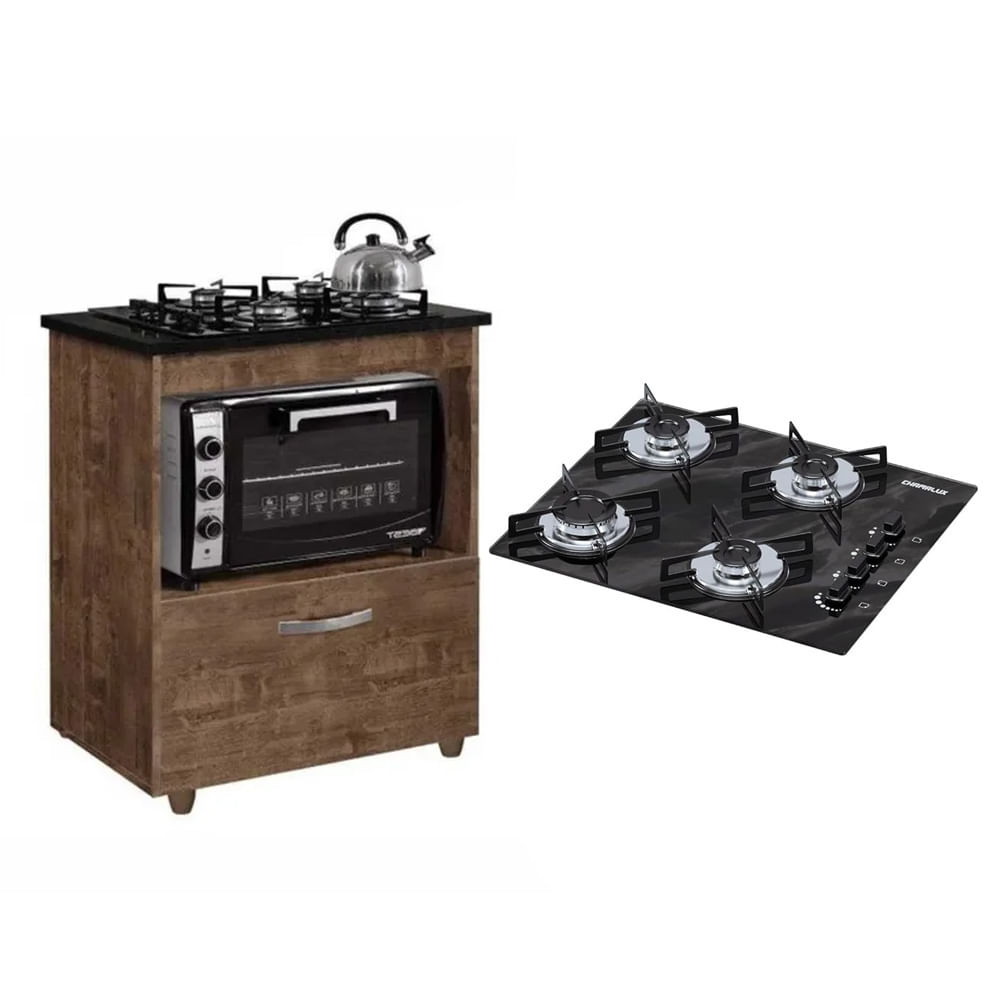 Kit Balcão Para Cooktop Cozinha Kaiki Salvia Ipê Com Fogão Cooktop 4 Bocas Preto Mármore Chamalux Ultra Chama