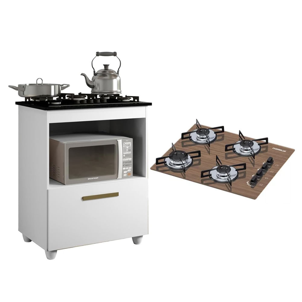 Kit Balcão Para Cooktop Cozinha Kaiki Salvia Branco Com Fogão Cooktop 4 Bocas Ultrachama Amadeirado Chamalux