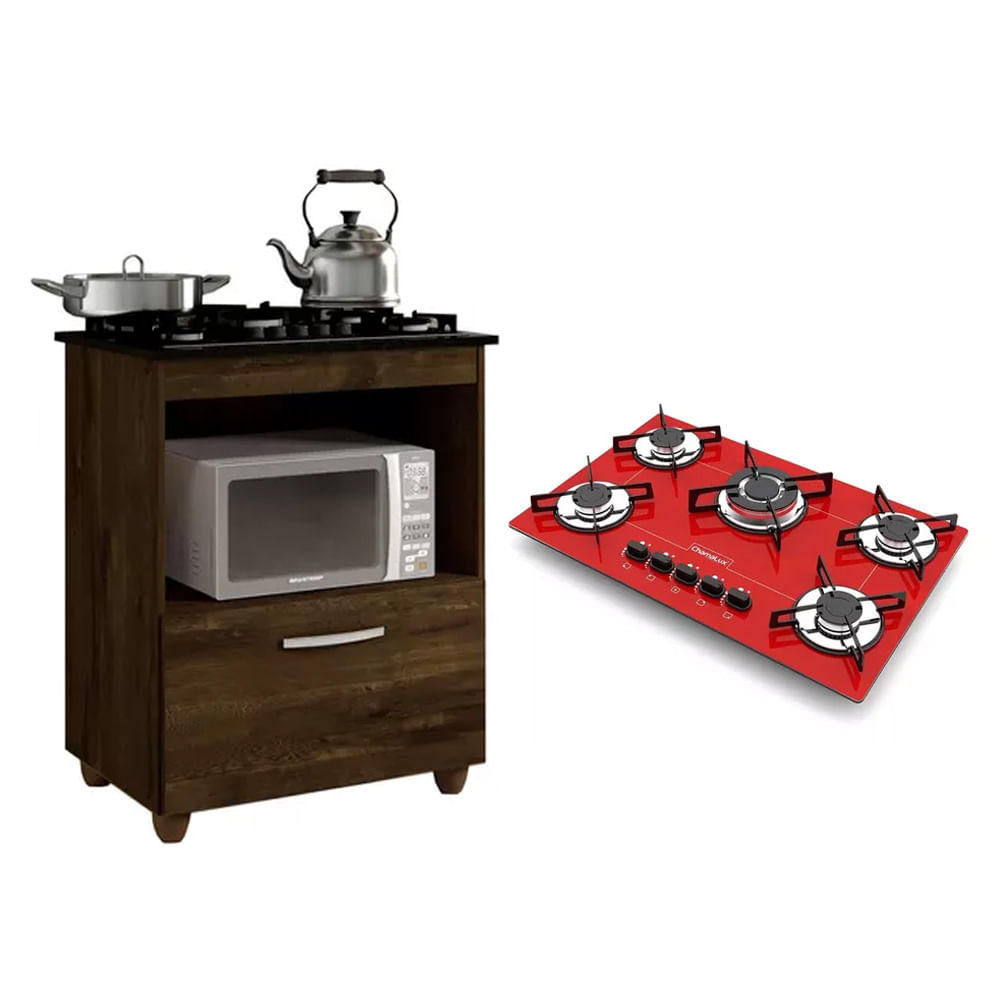 Kit Balcão Para Cooktop Cozinha Kaiki Salvia Ypê Com Fogão Cooktop 5 Bocas Tripla Chama Vermelho Chamalux