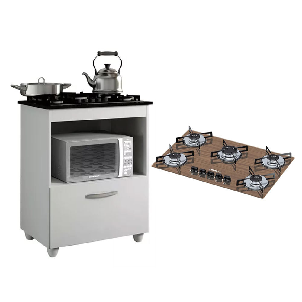 Kit Balcão Para Cooktop Cozinha Kaiki Salvia Branco Com Fogão Cooktop 5 Bocas Ultra Chama Amadeirado Chamalux