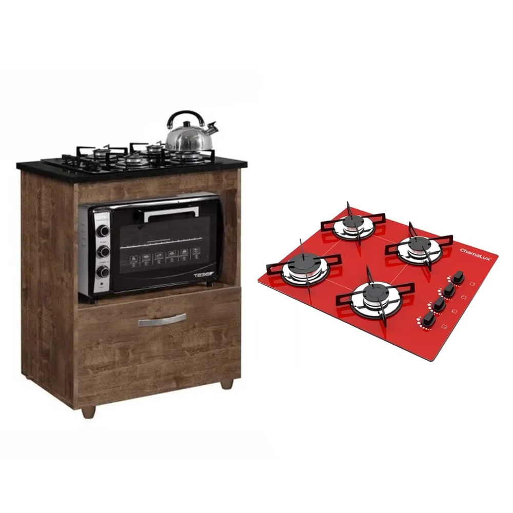 Kit Balcão Para Cooktop Cozinha Kaiki Salvia Ipê Com Fogão Cooktop 4 Bocas Vermelho Chamalux Ultra Chama