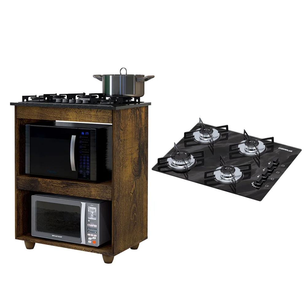 Kit Balcão Para Cooktop Cozinha Kaiki Turim Ypê Com Fogão Cooktop 4 Bocas Ultra Chama Preto Mármore Chamalux