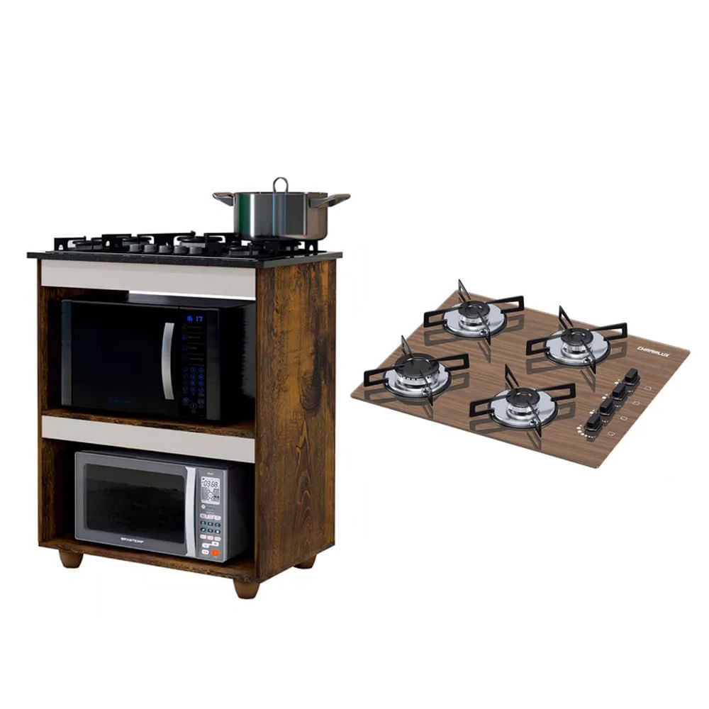 Kit Balcão Para Cooktop Cozinha Kaiki Turim Ypê Off White Com Fogão Cooktop 4 Bocas Ultra Chama Amadeirado Chamalux