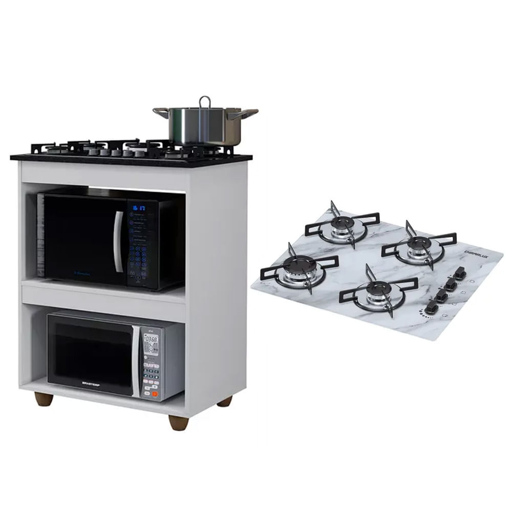 Kit Balcão Para Cooktop Cozinha Kaiki Turim Branco Com Fogão Cooktop 4 Bocas Ultra Chama Branco Mármore Chamalux