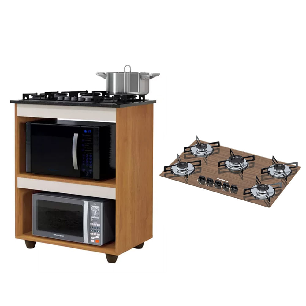 Kit Balcão Para Cooktop Cozinha Kaiki Turim Nature Off White Com Fogão Cooktop 5 Bocas Ultra Chama Amadeirado Chamalux