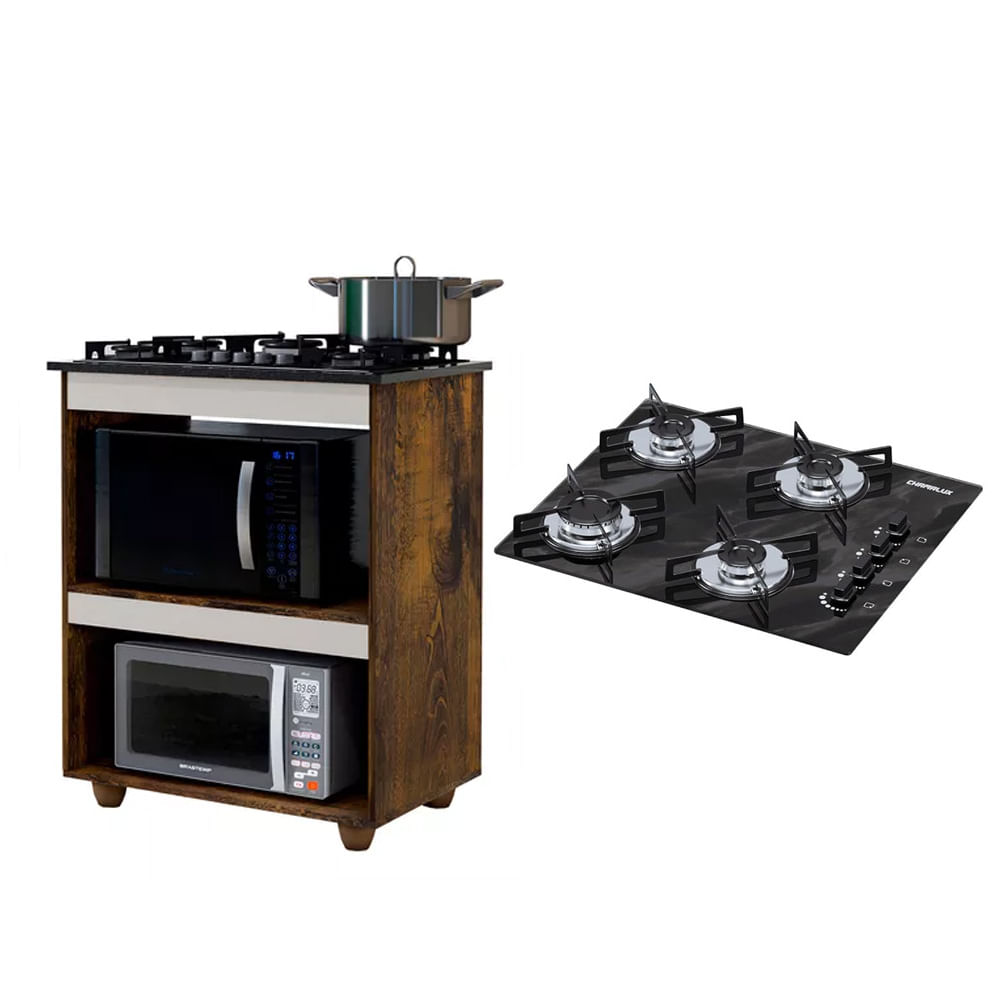 Kit Balcão Para Cooktop Cozinha Kaiki Turim Ypê Off White Com Fogão Cooktop 4 Bocas Ultra Chama Preto Mármore Chamalux