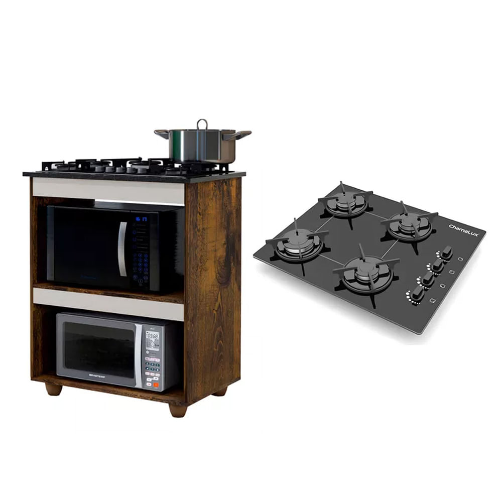 Kit Balcão Para Cooktop Cozinha Kaiki Turim Ypê Off White Com Fogão Cooktop Chef 4 Bocas Ultra Chama Preto Chamalux