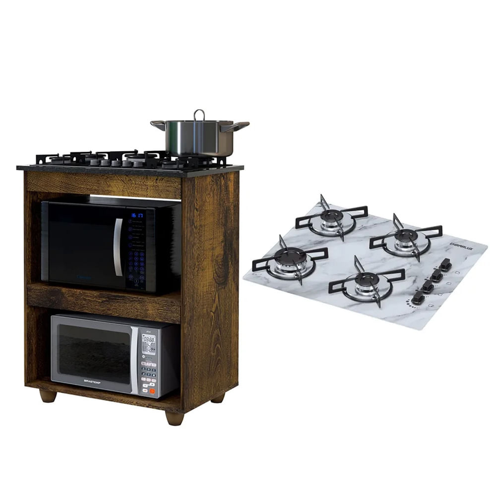 Kit Balcão Para Cooktop Cozinha Kaiki Turim Ypê Com Fogão Cooktop 4 Bocas Ultra Chama Branco Mármore Chamalux