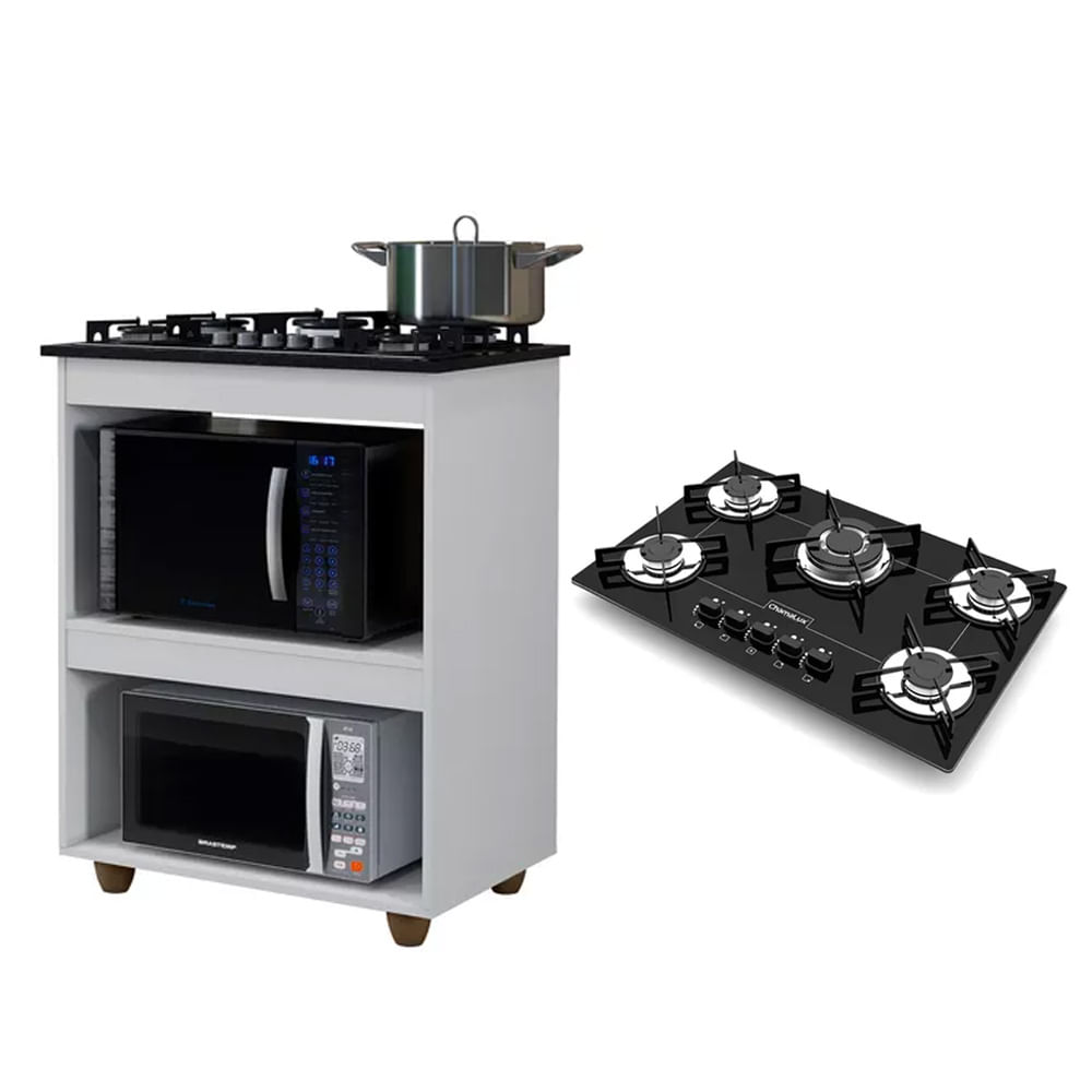 Kit Balcão Para Cooktop Cozinha Kaiki Turim Branco Com Fogão Cooktop 5 Bocas Tripla Chama Chamalux Preto