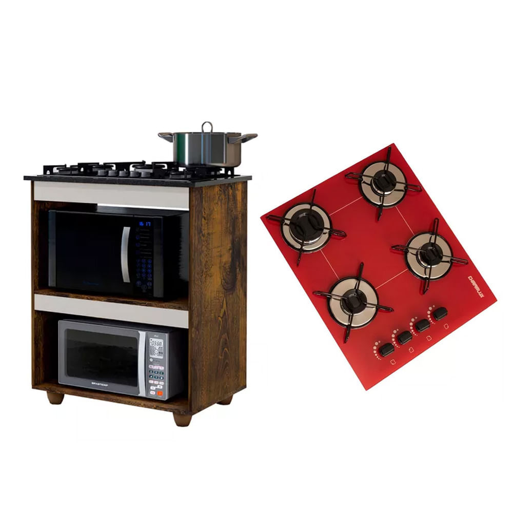 Kit Balcão Para Cooktop Cozinha Kaiki Turim Ypê Off White Com Fogão Cooktop 4 Bocas Vermelho Trempe Aramada