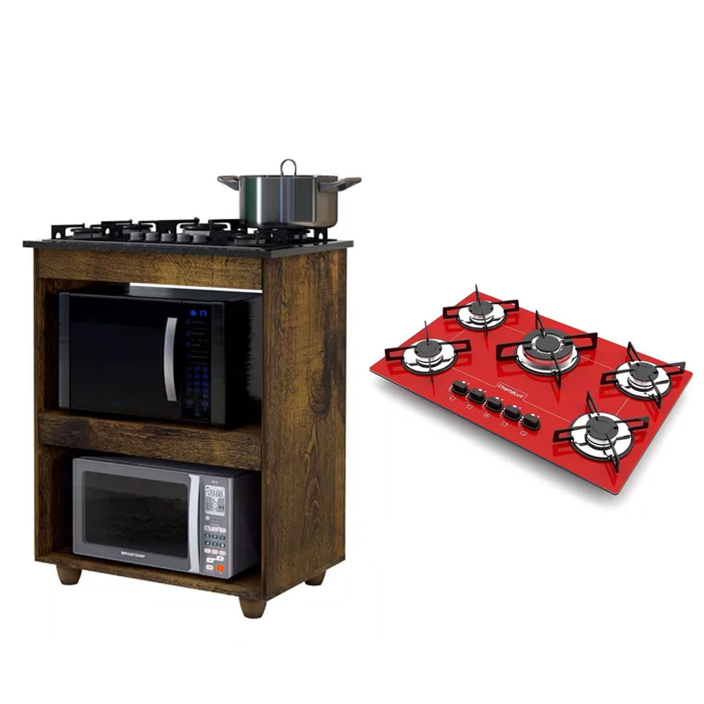 Kit Balcão Para Cooktop De Cozinha Kaiki Turim Ypê Com Fogão Cooktop 5 Bocas Tripla Chama Vermelho Chamalux