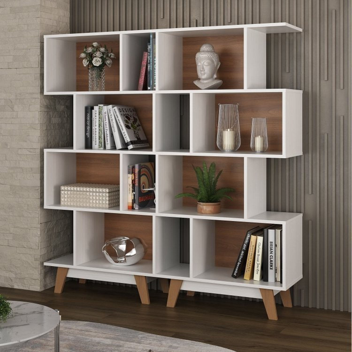 Conjunto 2 Estante Para Livros Caracas 6 Prateleiras Com Nicho Espresso Móveis Branco/nogal