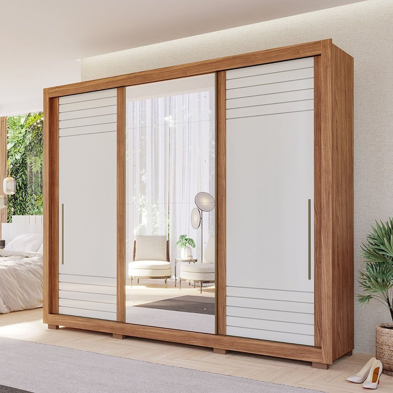 Guarda-roupa Casal 270,60cm 3 Portas De Correr Sem Pés 100% Mdf Aracruz Espresso Móveis Cinamomo/off White