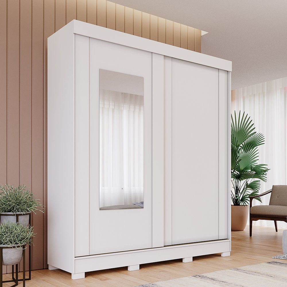 Guarda Roupa MDF 2 Portas de Correr Espelho 3 Gavetas Internas e 8 Pés Ilhéus Panan Móveis Branco