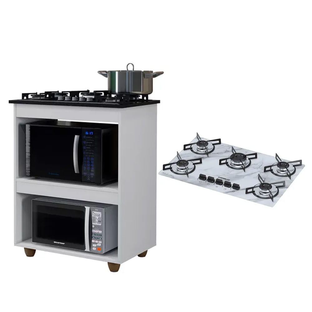 Kit Balcão Para Cooktop Cozinha Kaiki Turim Branco Com Fogão Cooktop 5 Bocas Ultra Chama Branco Mármore Chamalux