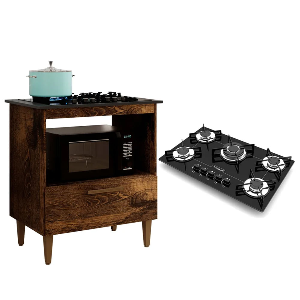 Kit Balcão Cooktop Cozinha Eliz Ypê Com Fogão Cooktop Ultra Chama 5 Bocas Trempe Chapa Preto Chamalux