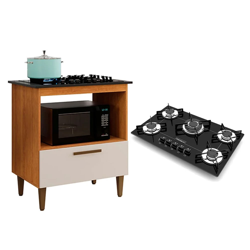 Kit Balcão Cooktop Kaiki Eliz Natura Off White Com Fogão Cooktop Tripla Chama 5 Bocas Preto Chamalux